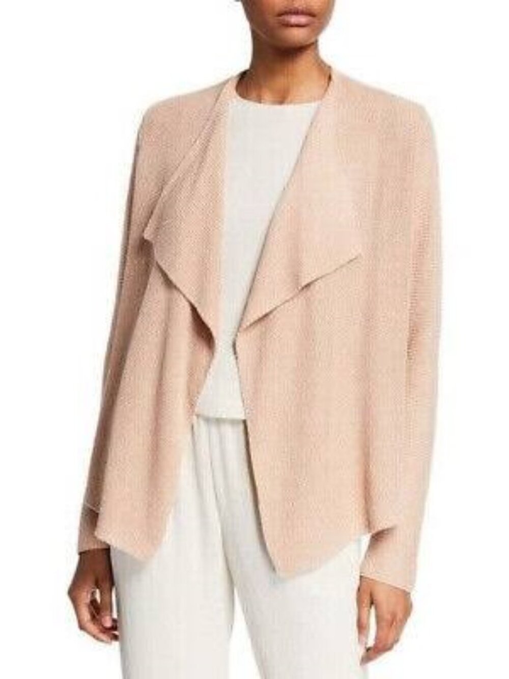 Eileen Fisher drape front organic 72% Linen 28% Cotton tan  cardigan size large